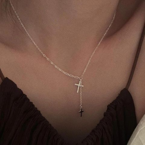 925 Sterling Silver Double Cross Rhinestone Y-Chain Lariat Necklace Minimalist Geometric Ins Style Jewelry Gift For Women