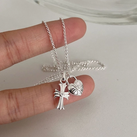 925 Sterling Silver Vintage Distressed Cross Heart Pendant Necklace Gothic Double Pendant Clavicle Chain Rhinestone Jewelry