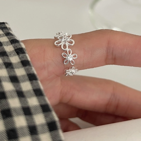 S925 Sterling Silver Hollow Flower Eternity Band Ring With Rhinestones Full Star Stackable Adjustable Open Finger Ring Jewelry For Women
