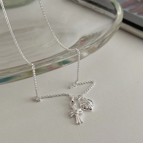 925 Sterling Silver Vintage Distressed Cross Heart Pendant Necklace Gothic Double Pendant Clavicle Chain Rhinestone Jewelry