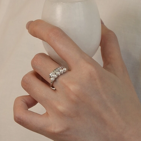 925 Sterlingsilber Weizenähre Künstliche Perle Offener Ring Für Damen Eleganter Nischendesign Minimalistischer Blatt Verstellbar Schmuck