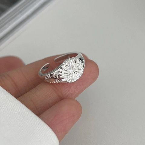 925 Sterling Silver Sunray Engraved Adjustable Ring For Women Vintage Ins Style Sunburst Signet Open Ring Jewelry Gift