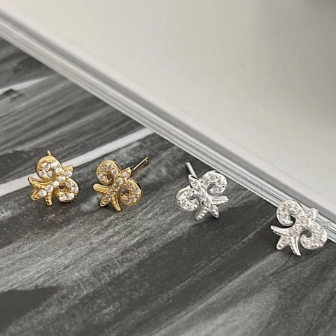 925 Sterling Silver Fleur-de-lis Micro-Inlaid Rhinestone Stud Earrings Real Gold Plated Vintage Minimalist Jewelry For Women
