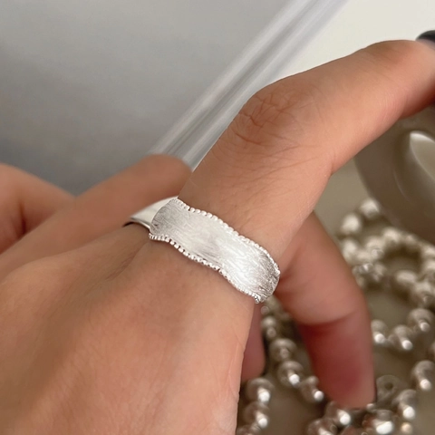 925 Sterling Silver Open Ring For Women Brushed Texture Beaded Edge Adjustable Minimalist Korean Style Fashion Jewelry Finger Ring