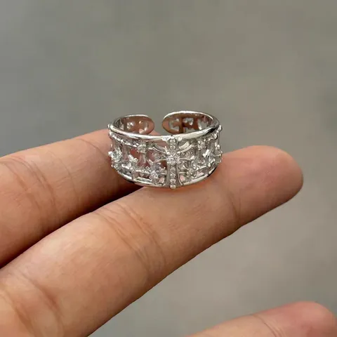 925 Sterlingsilber Kreuz Offener Ring Punk Individualität Verstellbar Strass Retro Gothic Hohl Fingerring Schmuck Für Damen