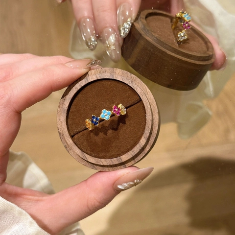 Anillo de Flor de Zirconia Multicolor Arcoíris Dopamina para Mujer Plata de Ley 925 Chapado en Oro Trébol de Cuatro Hojas Anillo Ajustable Joyería