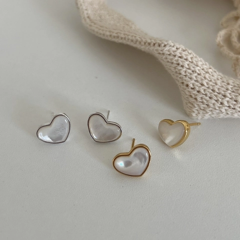 Élégantes Boucles d'Oreilles Clous Cœur en Argent Sterling 925 pour Femmes Minimalistes Incrustées de Nacre Bijoux Or Argent