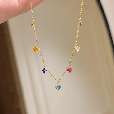 925 Sterling Silver Rainbow Clover Pendant Necklace For Women Gold Plated Multi Color Rhinestone Inlaid Clavicle Chain Jewelry
