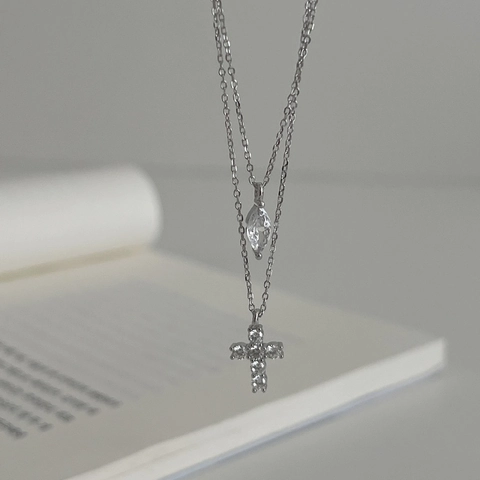 Collana Con Pendente a Croce e Marquise in Argento Sterling S925 a Doppio Strato Per Donna Gioielli a Catena a Clavicola Stile Ins Lusso Leggero