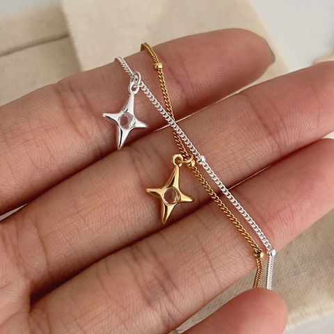 925 Sterling Silver Four Pointed Star Pendant Necklace For Women Rhinestone Minimalist North Star Satellite Chain Jewelry