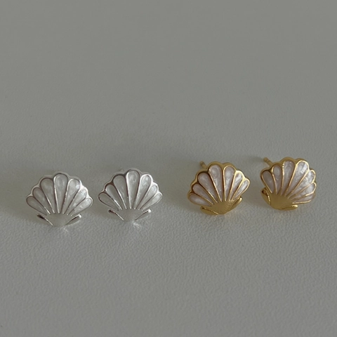 Pendientes de Botón con Forma de Concha en Plata de Ley S925 para Mujer con Incrustación de Perla Artificial Joyería