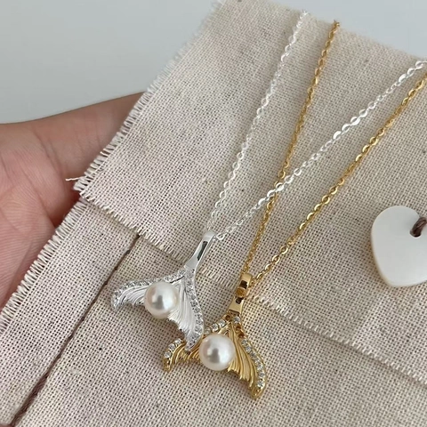 925 Sterling Silver Fishtail Artificial Pearl Pendant Necklace Elegant Rhinestone French Style Gold Silver Plated Jewelry