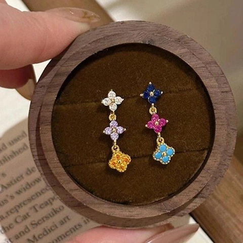 French Light Luxury 925 Sterling Silver Lucky Clover Long Drop Stud Earrings Dopamine Colorful Rhinestone Dangle Jewelry For Women