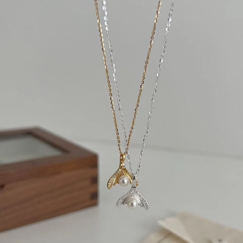 925 Sterling Silver Fishtail Artificial Pearl Pendant Necklace Elegant Rhinestone French Style Gold Silver Plated Jewelry