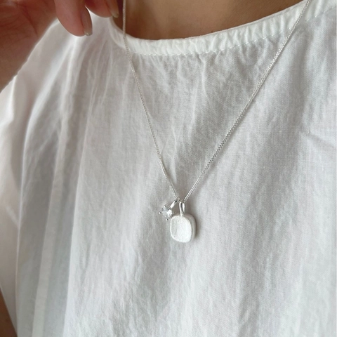 S925 Sterling Silver Brushed Square Sugar Cube Pendant Necklace With Rhinestone Minimalist Geometric Jewelry For Women
