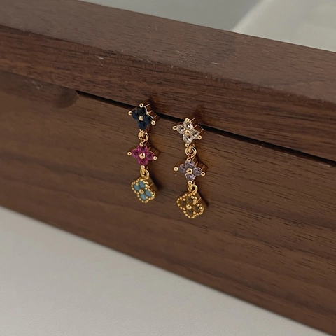 French Light Luxury 925 Sterling Silver Lucky Clover Long Drop Stud Earrings Dopamine Colorful Rhinestone Dangle Jewelry For Women
