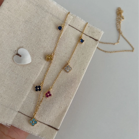 925 Sterling Silver Rainbow Clover Pendant Necklace For Women Gold Plated Multi Color Rhinestone Inlaid Clavicle Chain Jewelry