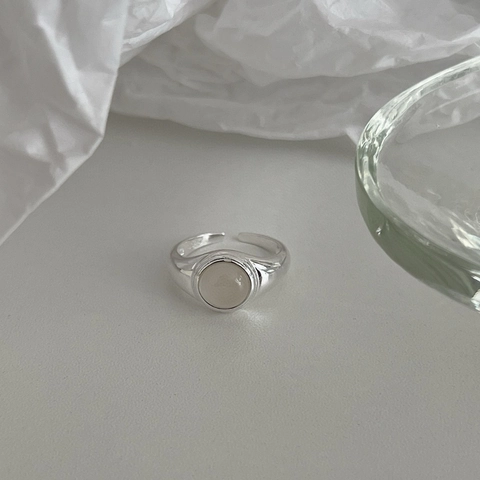 925 Sterling Silver White Chalcedony Adjustable Open Ring Women Minimalist Elegant Retro Style Finger Jewelry Gift