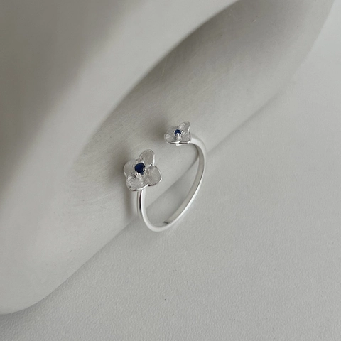Anello Aperto Ortensia in Argento Sterling 925 Spazzolato da Donna Lusso Strass Blu Anello Regolabile Fiore Gioielli