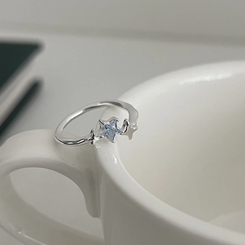 925 Sterling Silver Adjustable Blue Star Open Ring For Women Light Blue Rhinestone Star Inlaid Minimalist Finger Ring Jewelry