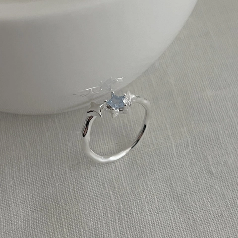 925 Sterling Silver Adjustable Blue Star Open Ring For Women Light Blue Rhinestone Star Inlaid Minimalist Finger Ring Jewelry