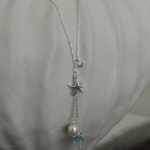 Collana con Ciondolo a Forma di Stella Marina e Conchiglia in Argento Sterling 925 per Donna Elegante Girocollo con Nappa di Perle Artificiali Gioielli da Spiaggia