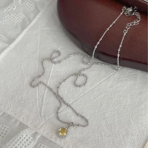 S925 Sterling Silver Vintage Yellow Stone Round Pendant Necklace For Women Elegant Rhinestone Clavicle Ball Chain Jewelry Accessory
