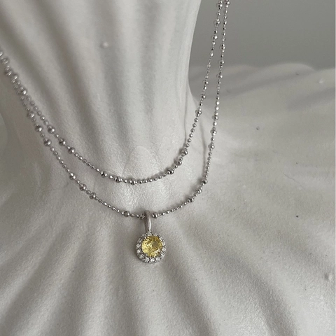 S925 Sterling Silver Vintage Yellow Stone Round Pendant Necklace For Women Elegant Rhinestone Clavicle Ball Chain Jewelry Accessory