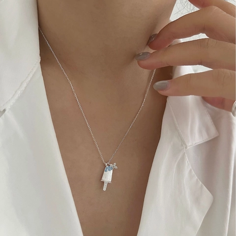 925 Sterling Silver Popsicle Pendant Necklace With Blue Rhinestone Star Charm Summer Exquisite Brushed Finish Jewelry For Women