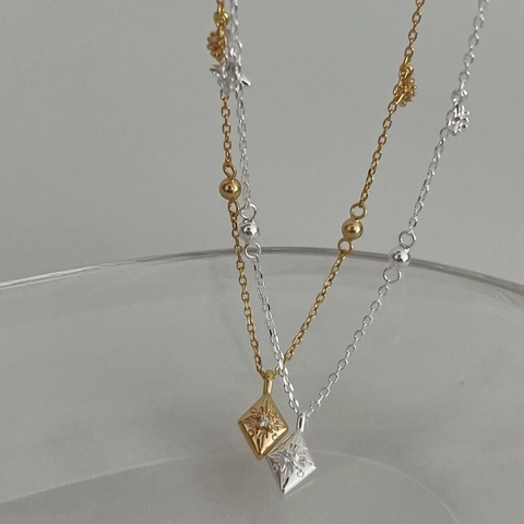 Collier Pendentif Losange Étoile à Huit Branches en Argent Sterling 925 pour Femmes Bijoux de Chaîne de Clavicule en Strass Vintage