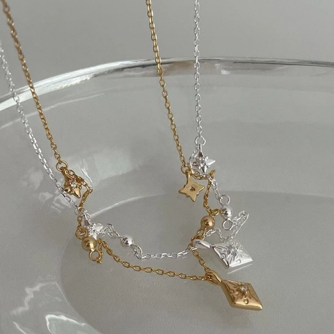 Collier Pendentif Losange Étoile à Huit Branches en Argent Sterling 925 pour Femmes Bijoux de Chaîne de Clavicule en Strass Vintage