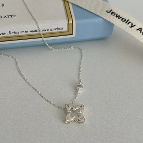 Collana con Pendente a Quadrifoglio Traforato in Argento Sterling S925 Donna Vintage Francese Stella Strass Catena Clavicola