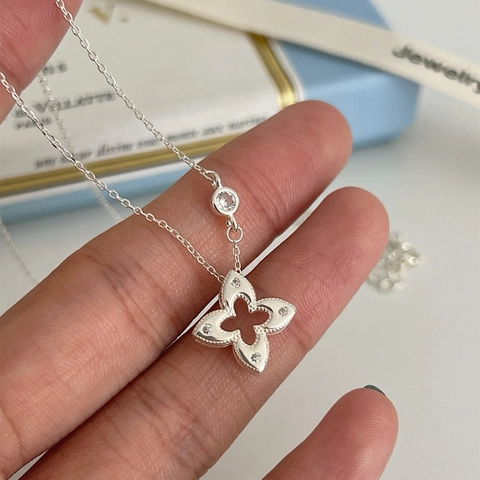 Collana con Pendente a Quadrifoglio Traforato in Argento Sterling S925 Donna Vintage Francese Stella Strass Catena Clavicola