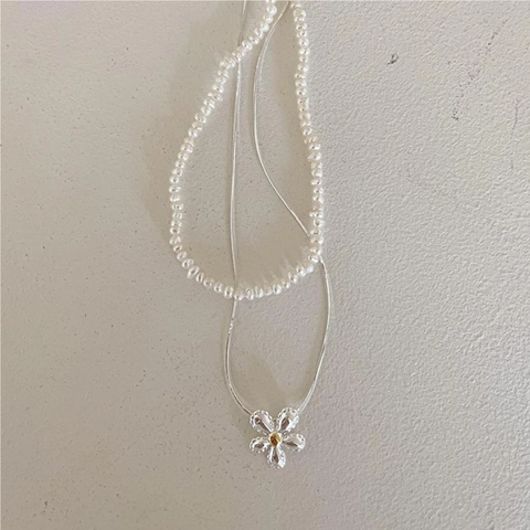 Collar Con Colgante de Flor de Plata de Ley 925 Minimalista para Mujer Doble Capa Cadena de Serpiente Perla Artificial Joyería