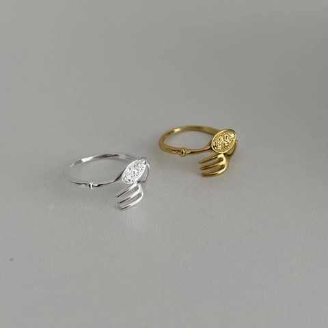 925 Sterling Silver Creative Fork And Spoon Open Ring For Women Hammered Texture Niche Design Adjustable Fashion Finger Ring Gift