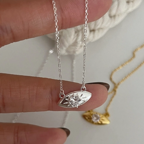 Collier en Argent Sterling 925 Minimaliste Pendentif Mauvais Œil Étoile Strass Chaîne Plaquée Bijoux pour Femme