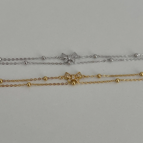 S925 Sterling Silver Double Layer Bowknot Rhinestone Bracelet For Women Light Luxury Minimalist Beaded Chain Fashion Jewelry