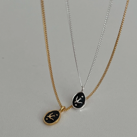 925 Sterlingsilber Schwalbe Sterne Runder Anhänger Halskette Für Damen Retro Emaille Schwarz Oval Charm Feine Kette Schmuck