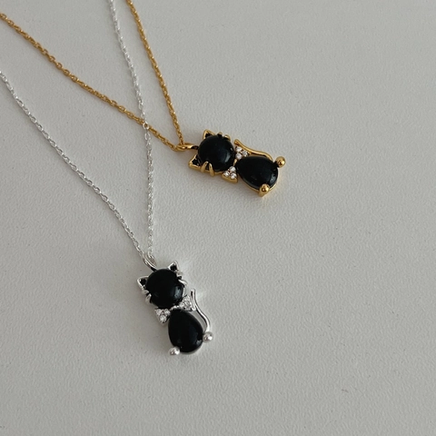 925 Sterling Silver Black Agate Cat Pendant Necklace For Women Tiny Rhinestone Bow Animal Charm Light Luxury Jewelry Gift