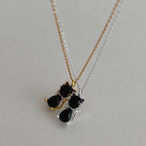 925 Sterling Silver Black Agate Cat Pendant Necklace For Women Tiny Rhinestone Bow Animal Charm Light Luxury Jewelry Gift