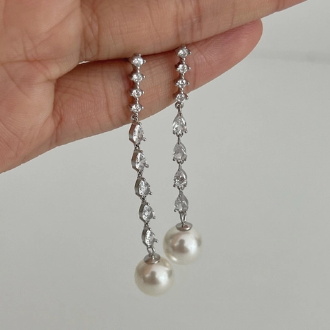 925 Sterling Silver Long Tassel Drop Earrings French Elegant Water Drop Rhinestone Artificial Pearl Stud Earrings For Women