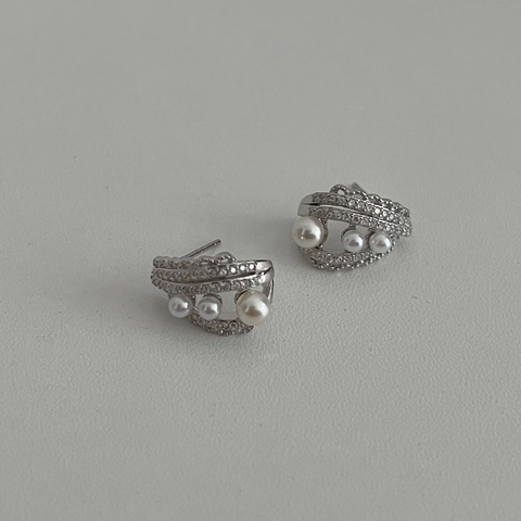 925 Argento Sterling Perla Artificiale Strass Orecchini per Donna Eleganti Geometrici Pizzo Curvo Orecchini a Bottone Gioielli