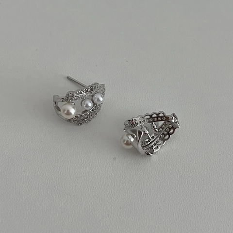 925 Argento Sterling Perla Artificiale Strass Orecchini per Donna Eleganti Geometrici Pizzo Curvo Orecchini a Bottone Gioielli