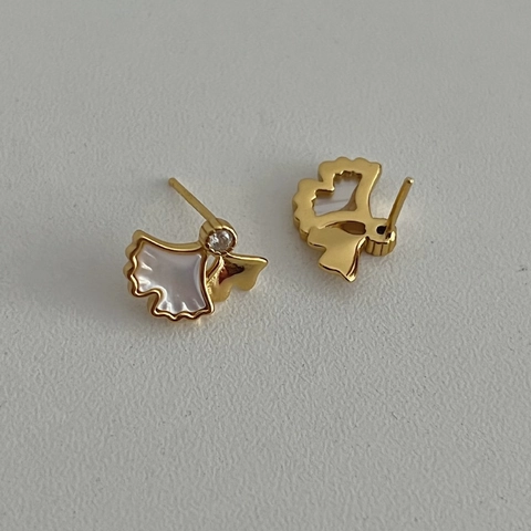 Orecchini a Bottone in Argento Sterling S925 a Forma di Foglia di Ginkgo Con Intarsio di Perle Artificiali Bianche Strass Gioielli Eleganti Placcati Oro Per Donna