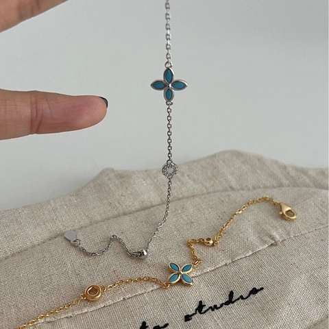 S925 Sterling Silver Four Leaf Clover Bracelet For Women Adjustable Turquoise Enamel Rhinestone Chain Bracelet Jewelry Gift