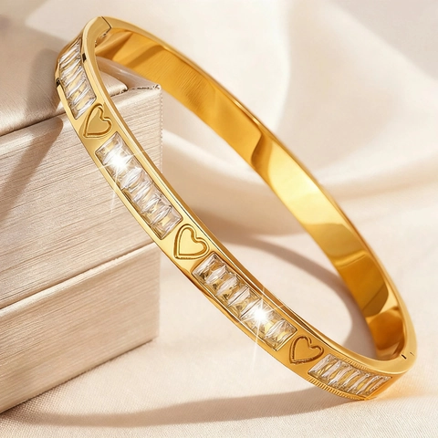 Stainless Steel Rhinestone Heart Four Leaf Clover Bangle Bracelet For Women Gold Silver Plated Fashion Jewelry Elegant Accessary