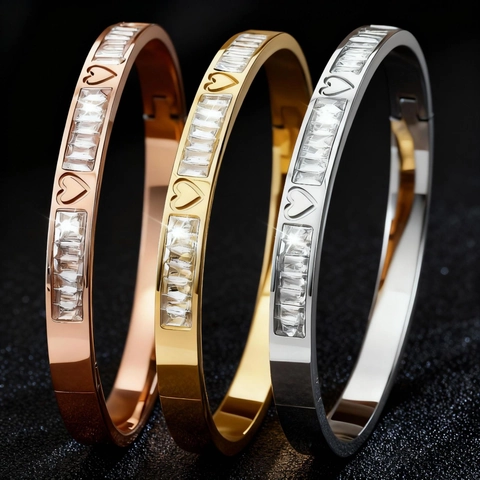 Minimalist Stainless Steel Inlaid Rhinestone Bangle For Women Heart Clover Cross Pattern Gold Silver Tone Fashion Bangle
