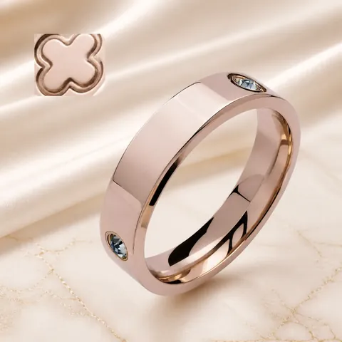 Women Stainless Steel Clover Ring Gold Rose Gold Rhinestone Inlaid Band Ring Waterproof Light Luxury Minimalist Fashion Jewelry