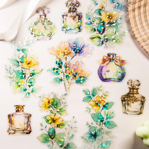 Vintage Transparent PET Flower Perfume Bottle Stickers Shell Luster Waterproof Decorative Decals For Scrapbooking Journaling DIY Crafts