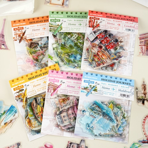 Vintage Travel Architecture PET Stickers Set Watercolor World Landmarks Waterproof Decorative Decals For Scrapbooking DIY Journaling
